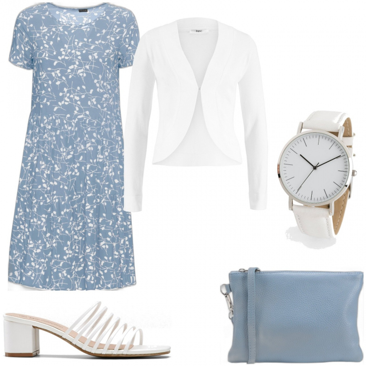 Outfit donna - In ufficio con il vestito. Stile Chic per Ufficio. Abbinamento con vestiti, blazer, sandali, orologi analogici, borse a mano.