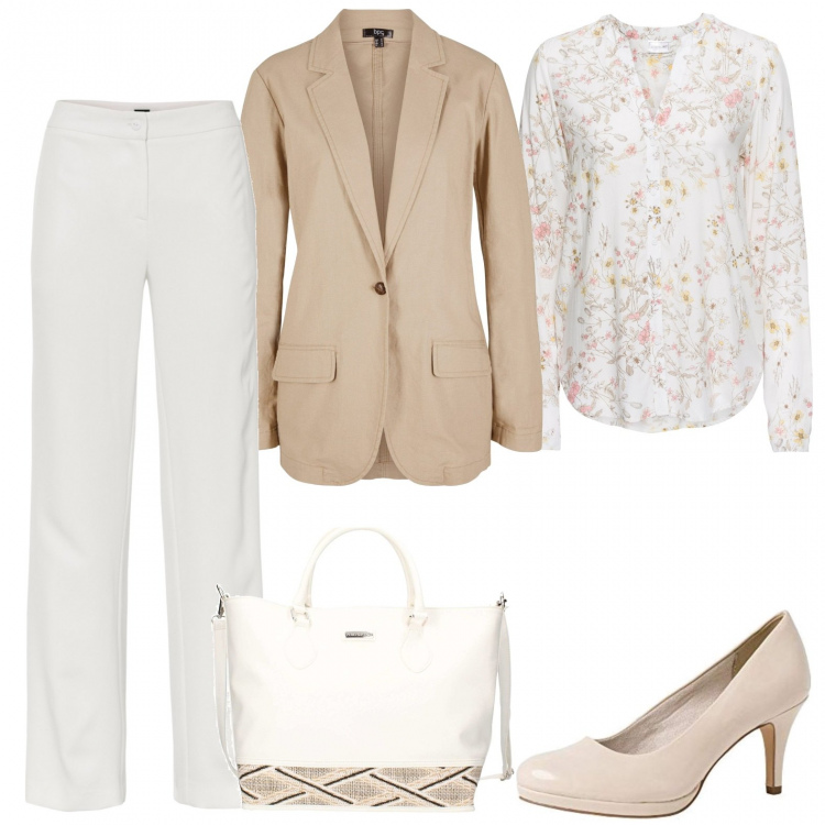 Outfit donna - Per Marianna. Stile Trendy per Ufficio. Abbinamento con camicie, blazer, pantaloni, shopping bag, scarpe col tacco.