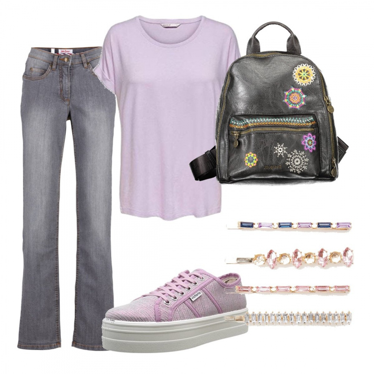 Outfit donna - Quasi in vacanza. Stile Urban per Scuola/Università. Abbinamento con jeans dritti, accessori per capelli, t-shirt, sneakers, zaini.