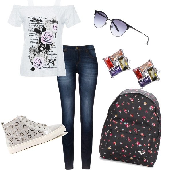 Outfit donna - Giornata di scuola. Stile Urban per Scuola/Università. Abbinamento con jeans skinny, occhiali da sole in montatura in metallo tinta unita, zaino nero, maglia con stampa 95% cotone, sneakers, orecchini argento.