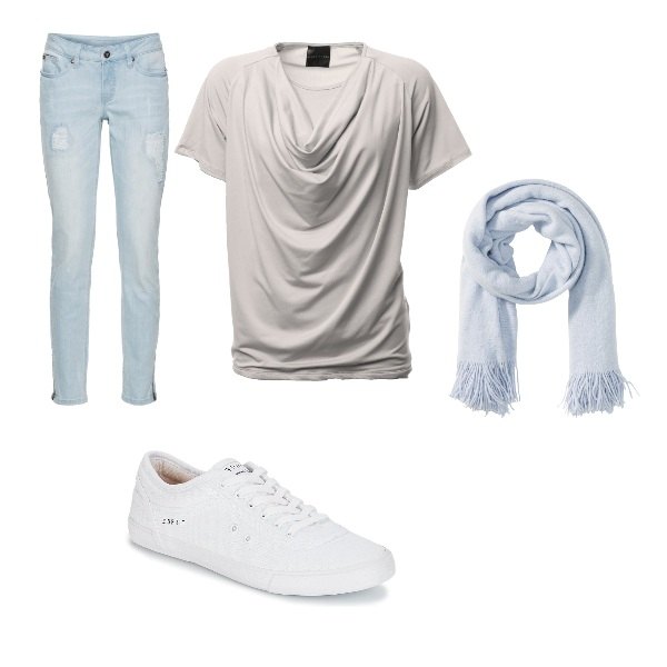 Outfit donna - Un Giorno NORMALE. Stile Basic per Tutti i giorni. Abbinamento con scialle blu, giacca taglio dritto con zip in denim blu, scarpe con pizzo bianco, t-shirt scollo a cascata.