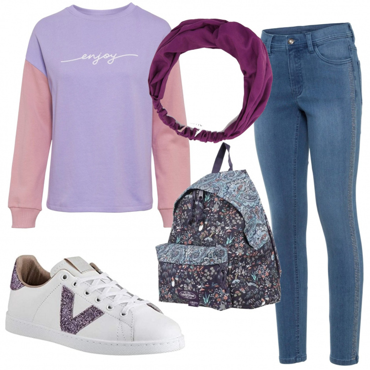 Outfit donna - Urban #11330. Stile Urban per Scuola/Università. Abbinamento con felpe, jeans skinny, zaini, fasce per capelli, sneakers.