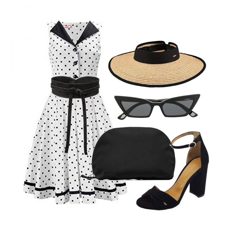 Outfit donna - Very 60s. Stile Bon Ton per Tutti i giorni. Abbinamento con cinture, sandali col tacco, occhiali da sole, clutch, vestiti, cappelli con visiera.