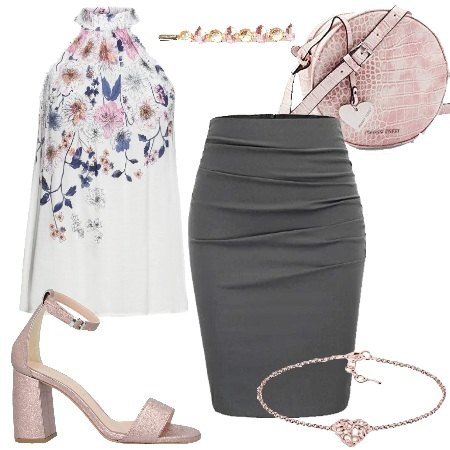 Outfit donna - Gaeta 2021. Stile Bon Ton per Ufficio. Abbinamento con top, sandali col tacco, accessori per capelli, gonne longuette, braccialetti, borse a mano.