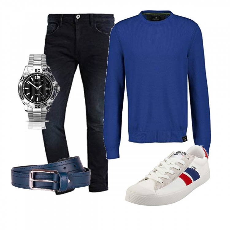 Outfit uomo - Gita in città. Stile Casual per Tutti i giorni. Abbinamento con cinture, jeans skinny, orologi, maglioni, sneakers.