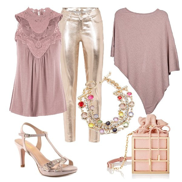 Outfit donna - Curvy glam!. Stile Sexy per Serata fuori. Abbinamento con top, pantaloni skinny, décolleté, braccialetti, cappotti, borse a mano.