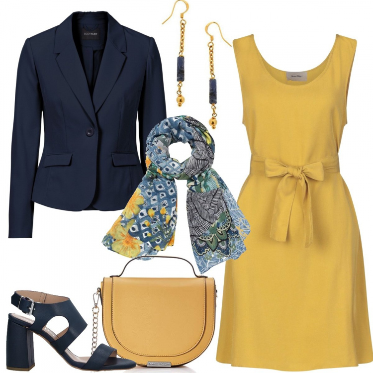 Outfit donna - Low cost perfetto per l’ufficio. Stile Basic per Ufficio. Abbinamento con blazer, vestiti corti, sandali col tacco, sciarpe, borse a tracolla, orecchini.