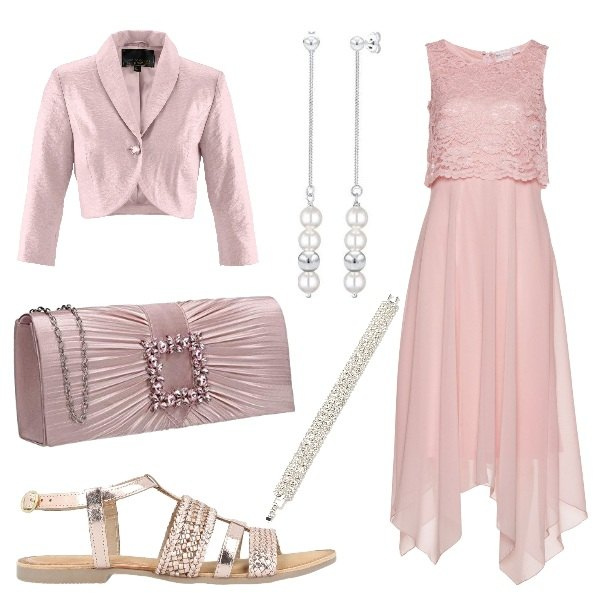 Outfit donna - Cerimonia senza tacchi. Stile Chic per Cerimonia. Abbinamento con vestiti midi/longuette, bolero, sandali, braccialetti, pochette, orecchini.