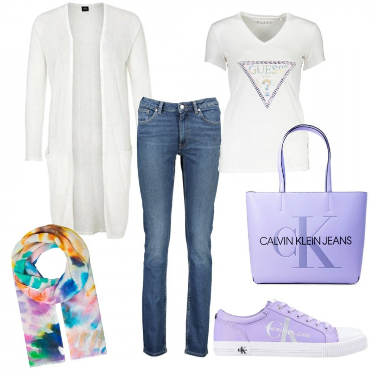 Outfit donna - A scuola in lilla. Stile Basic per Scuola/Università. Abbinamento con sneakers, shopping bag, jeans, t-shirt, cardigans, sciarpe.