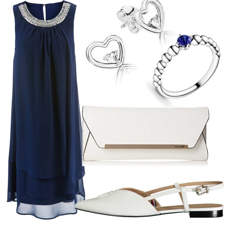Outfit donna - Eleganza senza tempo. Stile Chic per Cerimonia. Abbinamento con vestiti, ballerine, pochette, anelli, orecchini.