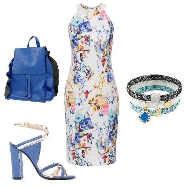 Outfit donna - Zainetto fashion. Stile Basic per Serata fuori. Abbinamento con borsa, vestito fantasia floreale con scollo bianco, sandali in pelle blu, bracciale taglia unica blu.