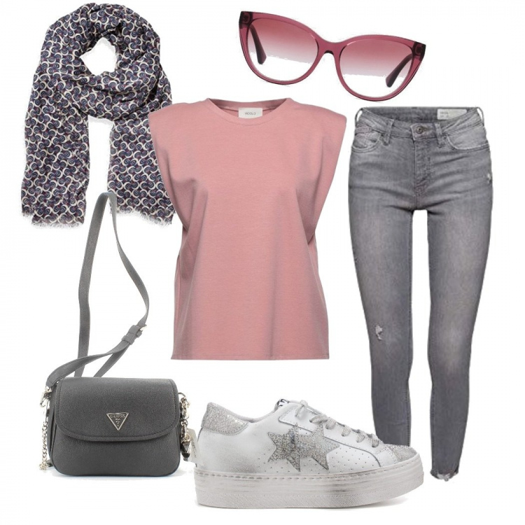 Outfit donna - Primavera casual. Stile Basic per Tutti i giorni. Abbinamento con t-shirt, sneakers alte, borse a tracolla, jeans, occhiali da sole, sciarpe.
