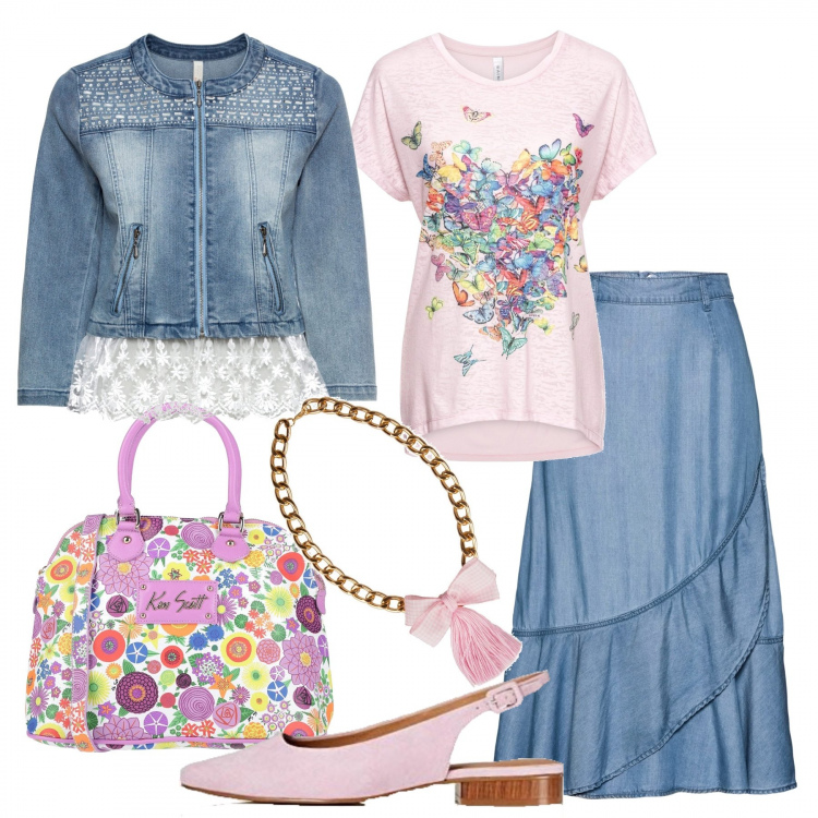 Outfit donna - Il denim romantico. Stile Bon Ton per Tutti i giorni. Abbinamento con maglieria, gonne, giacche, borse a mano, collane, ballerine.