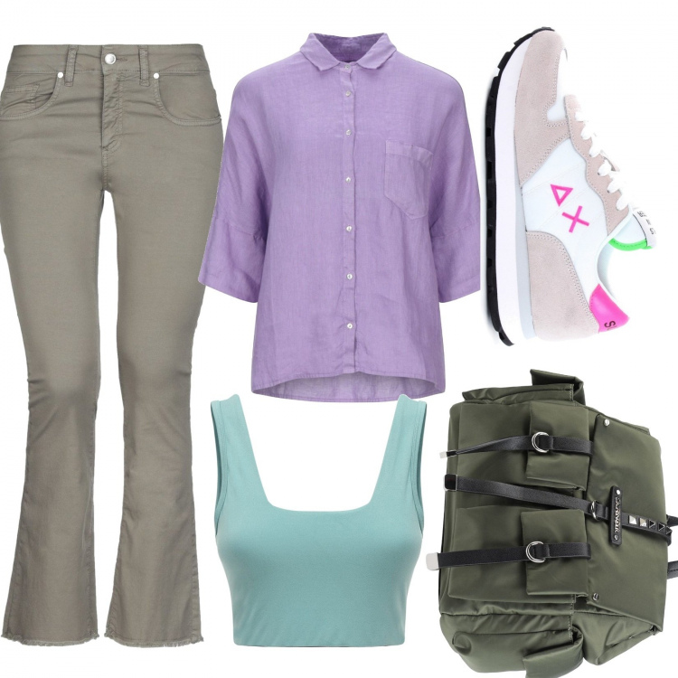 Outfit donna - Rientro scuola. Stile Basic per Scuola/Università. Abbinamento con camicie a manica corta, zaini, pantaloni, top, sneakers.