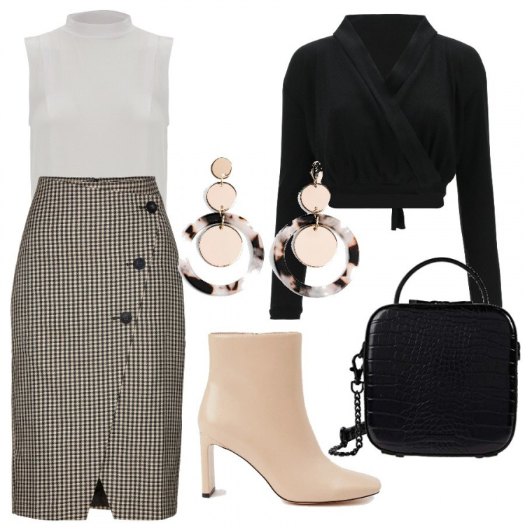 Outfit donna - Monday Style - Quadretti Vicky. Stile Bon Ton per Ufficio. Abbinamento con gonne, orecchini, stivaletti, top, top, borse a mano.