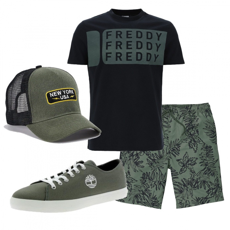 Outfit uomo - Casual #13378. Stile Casual per Tutti i giorni. Abbinamento con pantaloni corti, cappelli con visiera, sneakers, t-shirt.