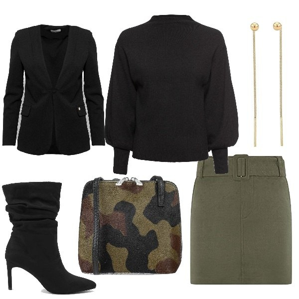 Outfit donna - La borsa camouflage. Stile Trendy per Tutti i giorni. Abbinamento con maglieria, borse a tracolla, blazer, stivali, gonne, orecchini.