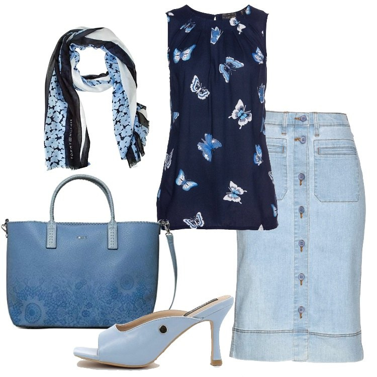 Outfit donna - Farfalle e denim. Stile Basic per Tutti i giorni. Abbinamento con top, gonne, sandali in pelle, borse a spalla, sciarpe.