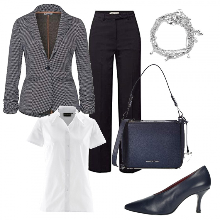 Outfit donna - Monday con la giacca a quadrettini. Stile Chic per Ufficio. Abbinamento con camicie a manica corta, décolleté, braccialetti, blazer, pantaloni, borse a mano.
