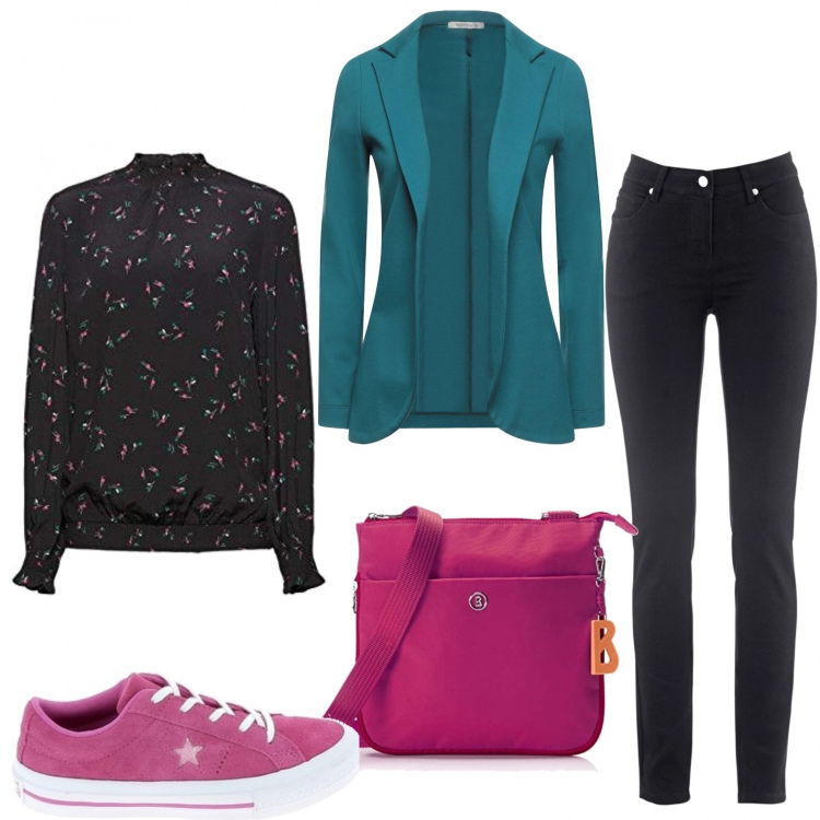 Outfit donna - Dettagli fucsia. Stile Urban per Scuola/Università. Abbinamento con jeans dritti, blazer, sneakers, camicie, borse a tracolla.