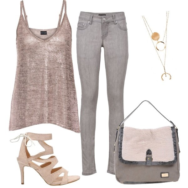 Outfit donna - Basic #7823. Stile Basic per Tutti i giorni. Abbinamento con jeans skinny, top, collana oro, borsa a mano in pelle sintetica, sandali con tacco spillo in pelle sintetica.