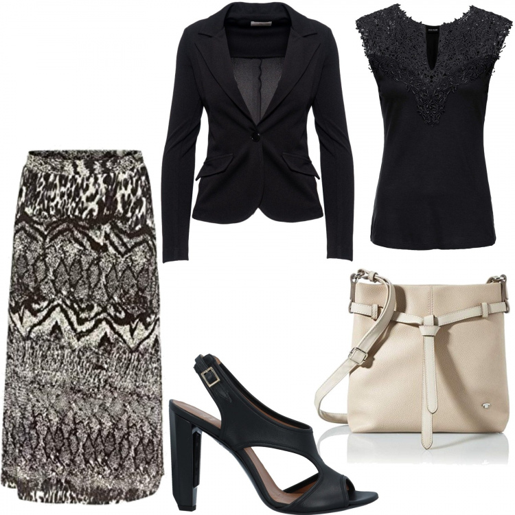 Outfit donna - Lisa al lavoro. Stile Chic per Ufficio. Abbinamento con top, sandali col tacco, blazer, gonne longuette, shopping bag.