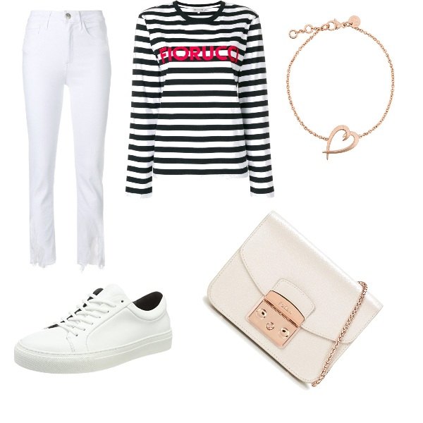 Outfit donna - Sabato pomeriggio. Stile Rock per Tutti i giorni. look ideale per Petite. Abbinamento con borsa a tracolla mini beige, top a righe con logo nero, cintura con orlo delavé in denim, bracciale con cuore effetto metallizzato taglia unica argento, scarpe.