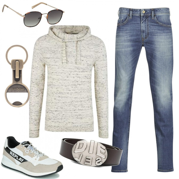 Outfit uomo - Pullover chiaro. Stile Trendy per Tutti i giorni. Abbinamento con jeans, sneakers, cinture, portachiavi, occhiali da sole, maglioni.