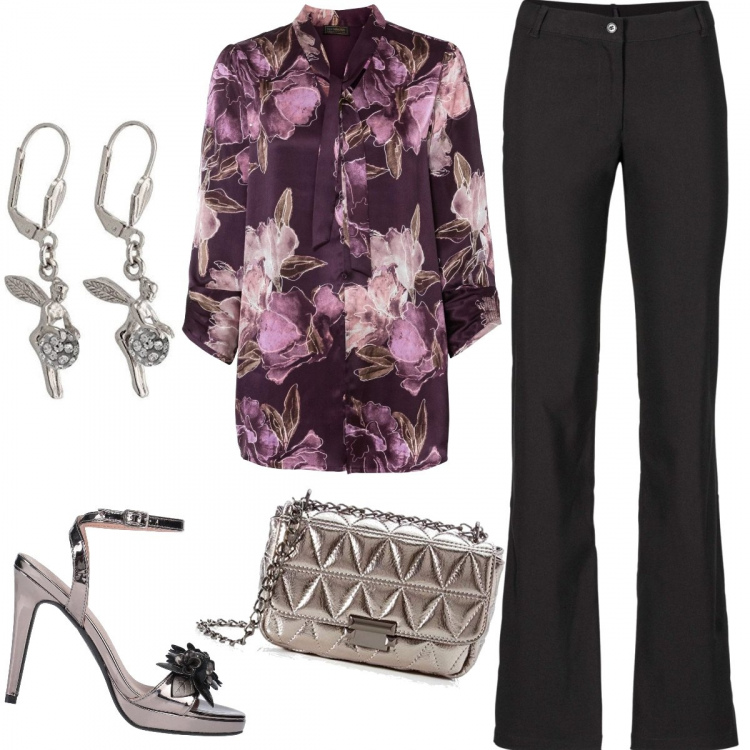 Outfit donna - Primavera glam. Stile Chic per Cerimonia. Abbinamento con pantaloni, camicie, sandali col tacco, orecchini, borse a tracolla.