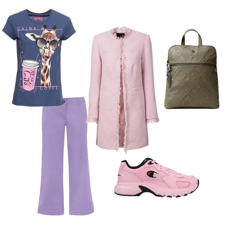 Outfit donna - Total look #1061585. per Scuola/Università. Abbinamento con t-shirt, blazer, pantaloni culotte, sneakers, zaini.