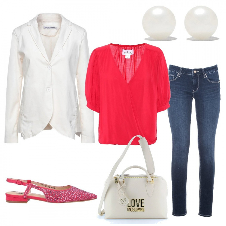 Outfit donna - La ballerina preziosa. Stile Trendy per Serata fuori. Abbinamento con ballerine, blazer, jeans skinny, orecchini, borse a tracolla, bluse.