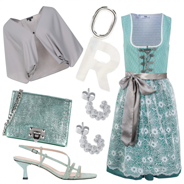 Outfit donna - Matrimonio a Cortina d\'Ampezzo. Stile Chic per Cerimonia. Abbinamento con vestiti lunghi, sandali col tacco, bolero, borse a tracolla, orecchini, ciondoli.
