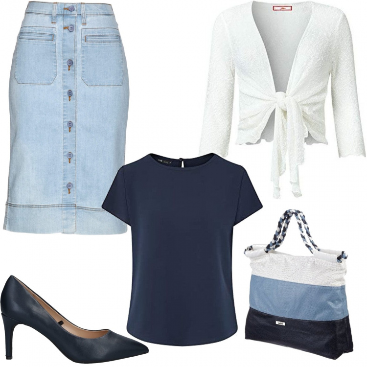 Outfit donna - Tubino in jeans. Stile Trendy per Serata fuori. Abbinamento con gonne, décolleté, camicie a manica corta, bolero, borse a mano.