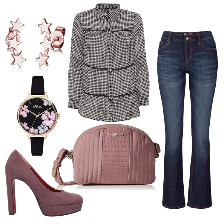 Outfit donna - Total look #1062465. Stile Trendy per Ufficio. Abbinamento con jeans bootcut, camicie, décolleté, orologi analogici, borse a tracolla, orecchini.