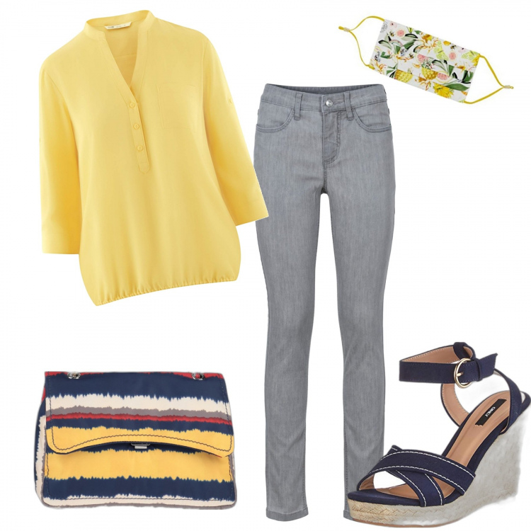 Outfit donna - Prendo le piccole a scuola.. Stile Trendy per Tutti i giorni. Abbinamento con jeans skinny, borse a spalla, camicie, sandali col tacco, sciarpe.