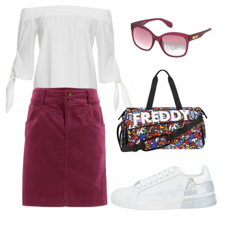 Outfit donna - L\'occhiale rosso e la borsa multicolor. Stile Trendy per Tutti i giorni. Abbinamento con gonne lunghe, bluse, sneakers, borse a spalla, occhiali da sole.
