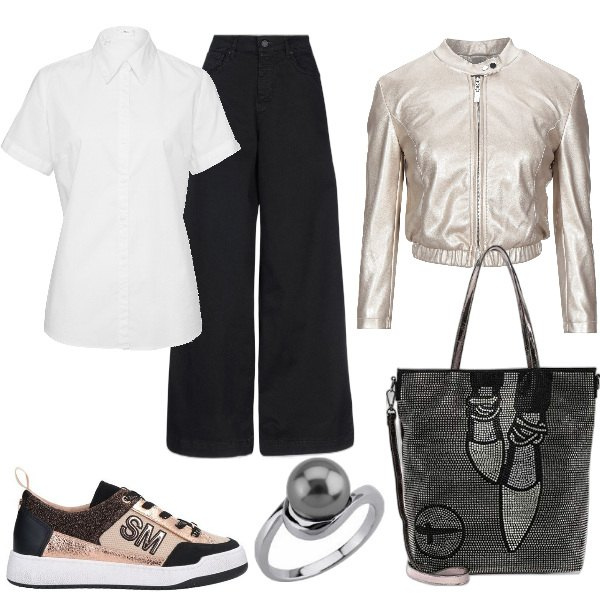 Outfit donna - Total look #1062630. Stile Trendy per Tutti i giorni. Abbinamento con camicie a manica corta, pantaloni, sneakers, giacche, shopping bag, anelli.