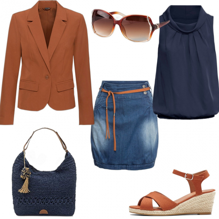 Outfit donna - Mi vedo con le amiche. Stile Trendy per Serata fuori. Abbinamento con minigonne, top, sandali col tacco, blazer, occhiali da sole, shopping bag.