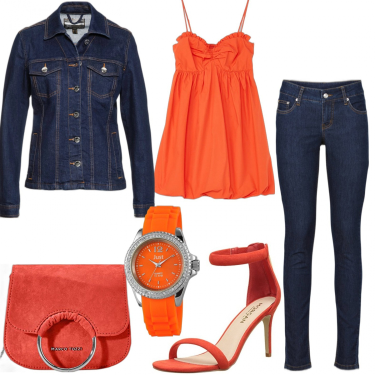 Outfit donna - Slanciata in arancione. Stile Urban per Serata fuori. Abbinamento con jeans skinny, blazer, vestiti corti, sandali, clutch, orologi.