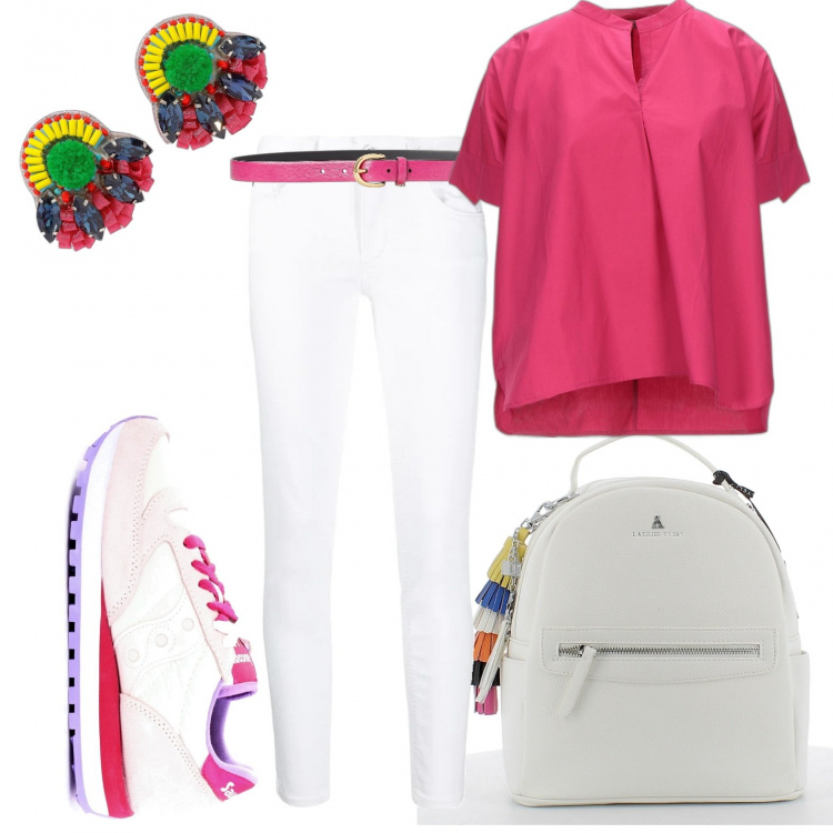 Outfit donna - Trendy #30804. Stile Trendy per Scuola/Università. Abbinamento con bluse, orecchini, cinture, pantaloni a palazzo, zaini, sneakers.
