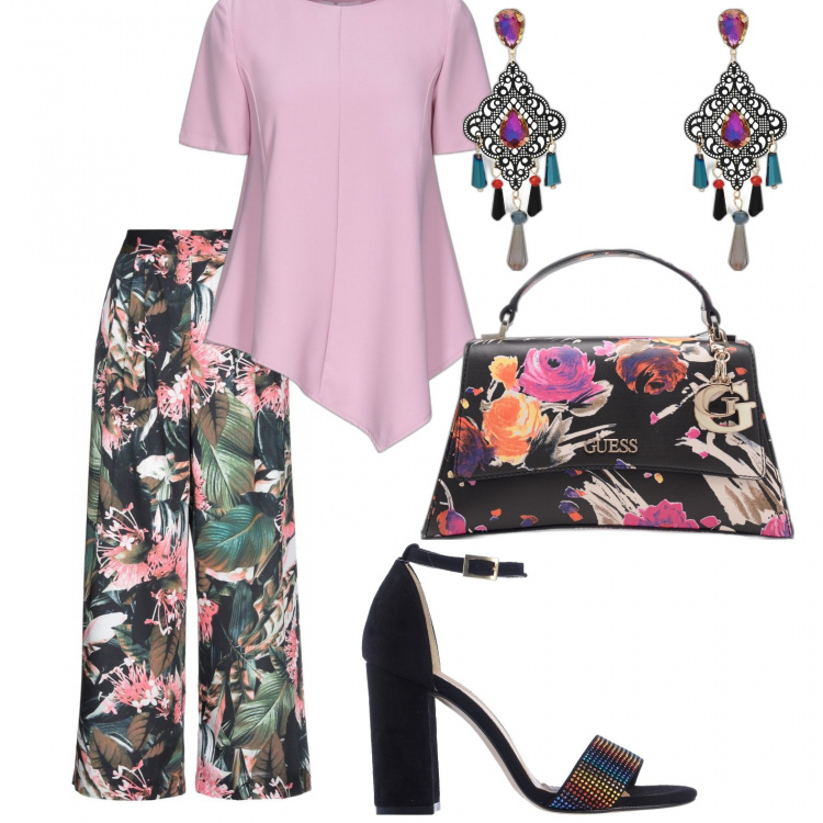 Outfit donna - Passeggiata serale estiva. Stile Bon Ton per Serata fuori. Abbinamento con bluse, pantaloni, sandali gioiello, orecchini, borse a mano.
