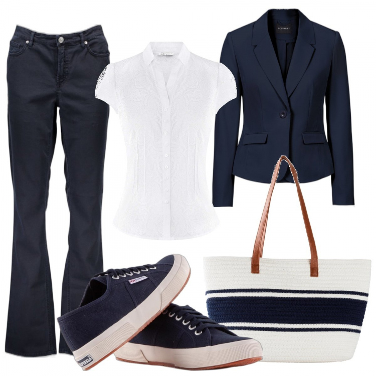 Outfit donna - Semplice comodo e smart. Stile Urban per Tutti i giorni. Abbinamento con blazer, shopping bag, sneakers, camicie a manica corta, pantaloni.