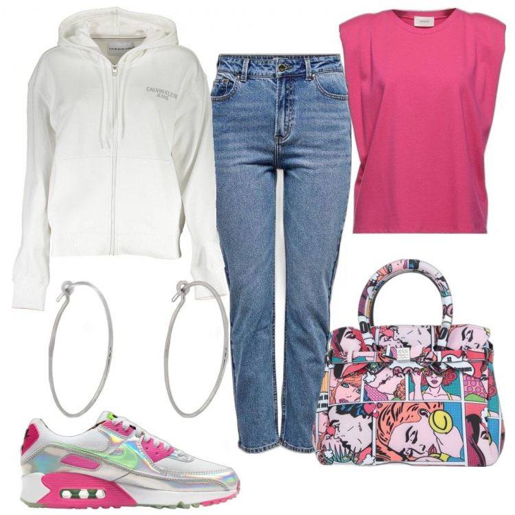 Outfit donna - Borsa super trendy. Stile Trendy per Tutti i giorni. Abbinamento con borse a mano, t-shirt, orecchini, jeans, sneakers, felpe.