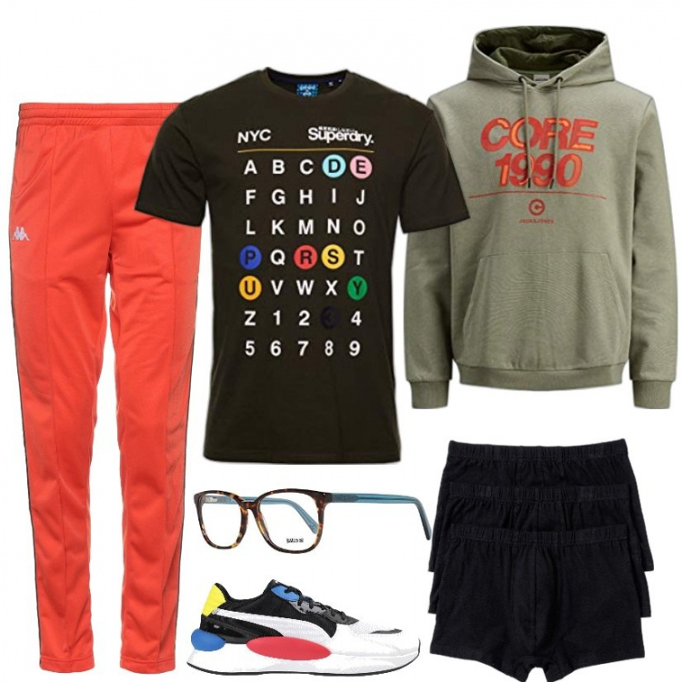 Outfit uomo - Comodi e colorati in casa. Stile Urban per Sport. Abbinamento con boxer, sneakers, pantaloni, occhiali, t-shirt, felpe con cappuccio.