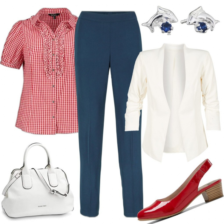Outfit donna - Total look #1063427. Stile Bon Ton per Ufficio. Abbinamento con décolleté, pantaloni, blazer, camicie, borse a mano, orecchini.