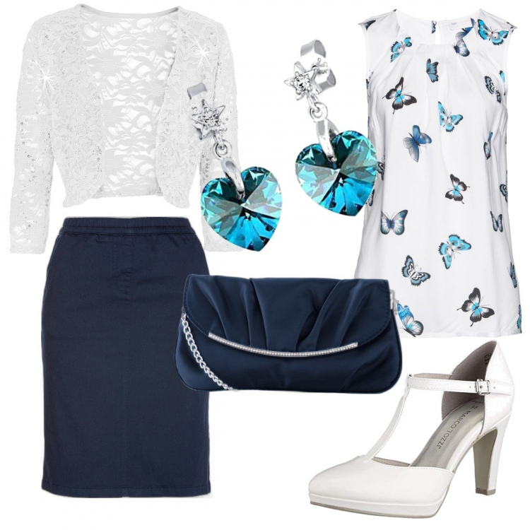 Outfit donna - Esco con la gonna. Stile Chic per Serata fuori. Abbinamento con pochette, top, gonne, bolero, décolleté, orecchini.