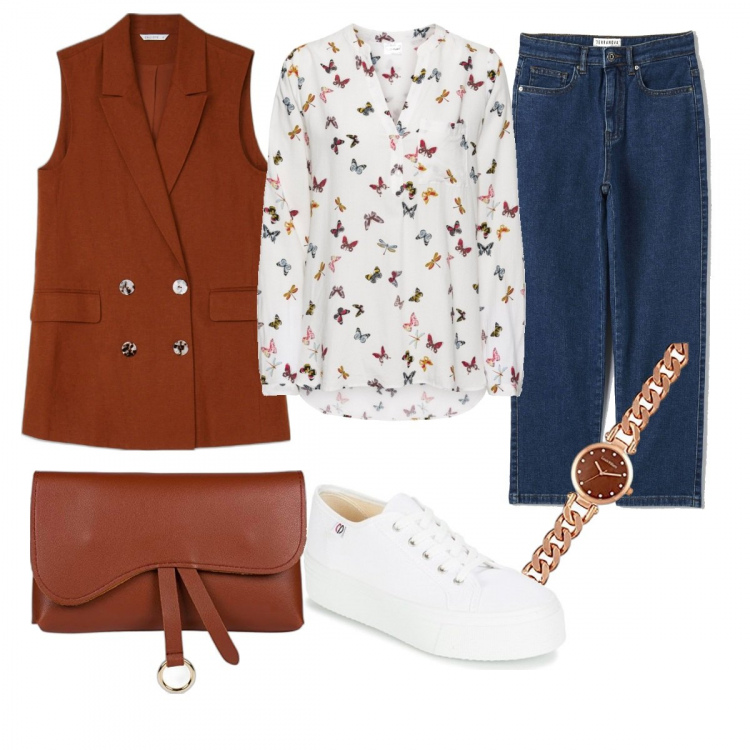 Outfit donna - Gli aperitivi di primavera. Stile Trendy per Tutti i giorni. Abbinamento con bluse, jeans dritti, sneakers, gilet, marsupi, orologi analogici.