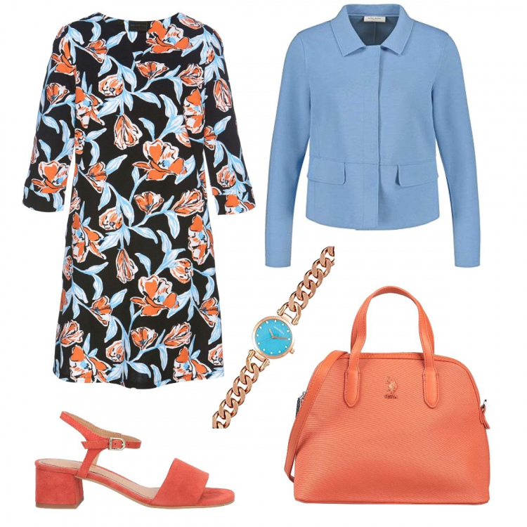 Outfit donna - Non solo ufficio. Stile Chic per Ufficio. look ideale per Petite. Abbinamento con vestiti, sandali col tacco, borse a tracolla, blazer, orologi analogici.