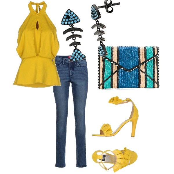 Outfit donna - Trendy #12234. Stile Trendy per Serata fuori. Abbinamento con jeans slim fit, top collo tondo senza maniche jersey, orecchini con farfallina argento e turchese, sandali effetto scamosciato con cinturino e punta tonda tinta unita, clutch blu.