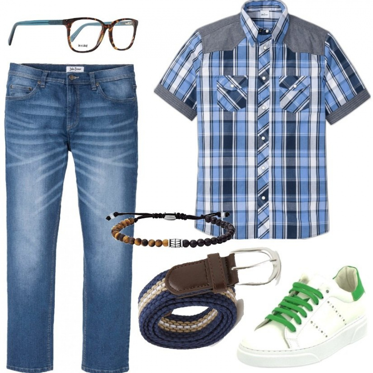 Outfit uomo - Camicia a quadri. Stile Casual per Tutti i giorni. Abbinamento con camicie a manica corta, jeans dritti, sneakers, cinture, occhiali, braccialetti.